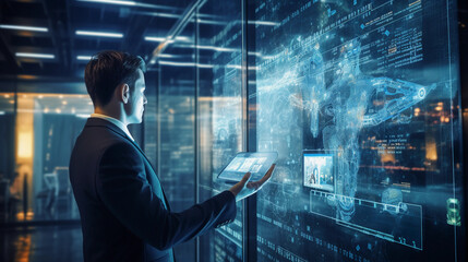Fototapeta premium Artificial intelligence technology, Machine learning, Data exchange, Deep learning, industry 4.0, Businesses to adapt implement new policies technologies to support it effectively. innovative 