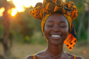 A dark-skinned woman wearing a yellow and black scarf and matching earrings stands outside as the sun sets behind her. She closed her eyes and smiles brightly
