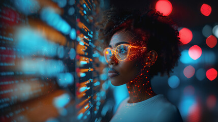 A young African woman reviewing data in the spirit of analytical prowess and problem-solving, the interpreter of trends, and the guide through the labyrinth of information. - obrazy, fototapety, plakaty