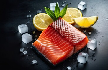 Piece of raw or salted red fish fillet with ice cubes and lemon slices lying on dark surface, backlight left, top view, banner