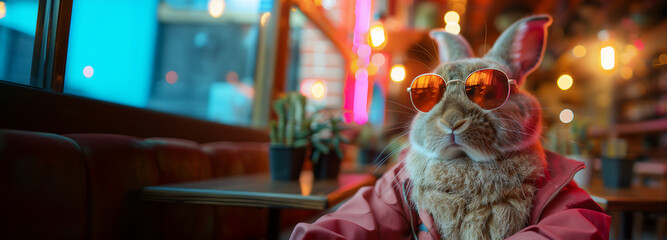 Hipster Rabbit in Retro Café Ambiance with Neon Lights - Whimsical Animal Portrait and Urban Lifestyle AI-Generated