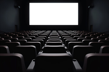 Fototapeta premium The image shows an empty movie theater with a white screen and rows of chairs