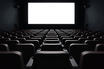The image shows an empty movie theater with a white screen and rows of chairs