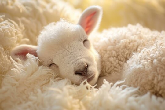 Innocent Adorable newborn lamb. Cute white fluffy sheep baby on nature field. Generate ai