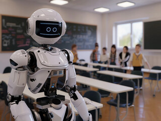 Automatic human-like robot standing in front of class with pupils and teaching them of robotics. 