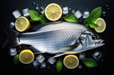 Large raw fish whole with lemons, ice cubes and mint leaves lying on black surface, banner, top view