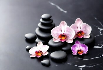 Several pink orchids with a mix of black, white, and grey stones on a dark textured surface
