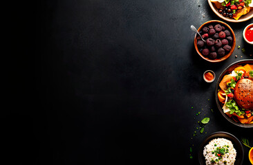 Various restaurant food in plates and bowls on black background on right side of frame, top view, banner with space for text