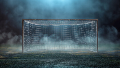 Sports goal with net on dark background in a fog or smoke. Soccer goal.	 - Powered by Adobe