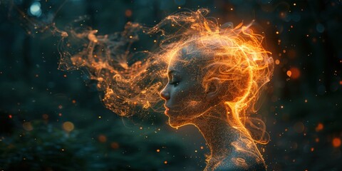 A womans face is highlighted by flames in the air, creating a striking visual contrast. - obrazy, fototapety, plakaty