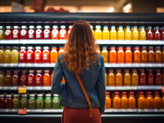 back view of young woman looking at bottle of juice in grocery store 