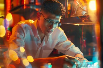 Young Hispanic mixologist crafts non-alcoholic drinks using AI technology, surrounded by a...