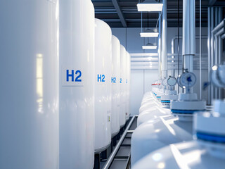 Hydrogen distribution station. White industrial tanks with H2 fuel. Production of hydrogen fuel.