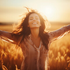 Backlit Portrait of calm happy smiling free woman with open arms and closed eyes enjoys a beautiful moment life on the fields at sunset Job ID: 1596073e-4dd7-45d9-9094-956e3af210f0