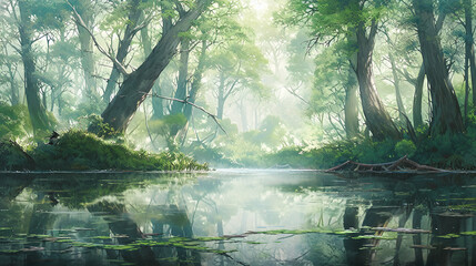 Obraz premium A serene water pond surrounded by lush green nature, watercolor painting V3