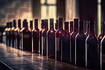 Row of Wine Bottles on Wooden Table - Tilt Shift Photo - obrazy, fototapety, plakaty