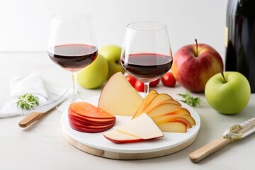 Red and White Wine Glasses with Apples and Cheeses on White Plate