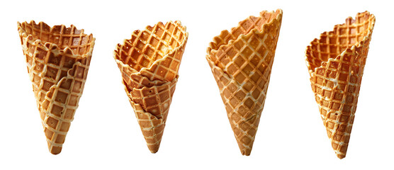 Set of empty ice cream waffle cones on transparent background