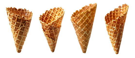 Set of empty ice cream waffle cones on transparent background