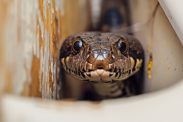  Photo of a snake hiding in the wall of a house.