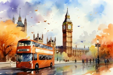Fotobehang London bus in inclement weather  realistic watercolor on large canvas in orange and amber tones © RECARTFRAME CH