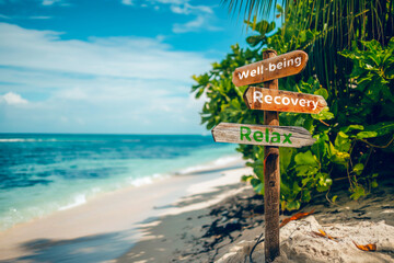 Wooden sign with "Well-being, Recovery and Relax" signs on a tropical beach. Mental wellbeing ant relaxation concept.