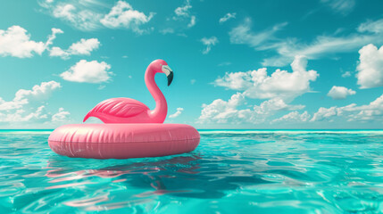 Fototapeta premium Pink inflatable flamingo floating in a calm turquoise sea with blue skies symbolized summer travel and vacation relaxation