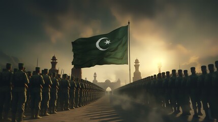 Silhouettes of soldiers with Pakistan flag in the foreground. 3D rendering - obrazy, fototapety, plakaty