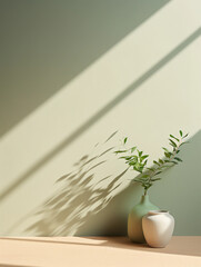 Beautiful empty background with shadows from the sun with a wall and a vase with a green plant and a place for product, text or inscription. place you product background 