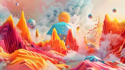Fototapeta premium Vibrant 3D Geometric Landscape with Floating Mountains and Colorful Clouds