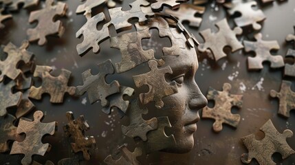 ADHD (Attention Deficit Hyperactivity Disorder) in the form of a head surrounded by puzzle pieces, challenges and complexities, mental health issues.