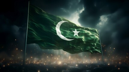 Dark gloomy sky, dark ground with glowing Pakistan flag 3D illustration - obrazy, fototapety, plakaty