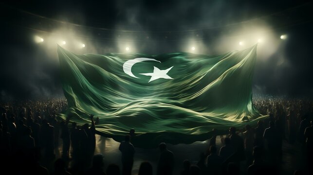 Large group of people with Pakistan flag waving in the dark with smoke