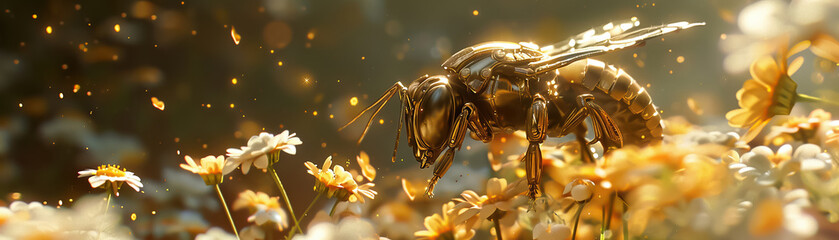 a detailed robotic bee pollinating digital flowers - obrazy, fototapety, plakaty