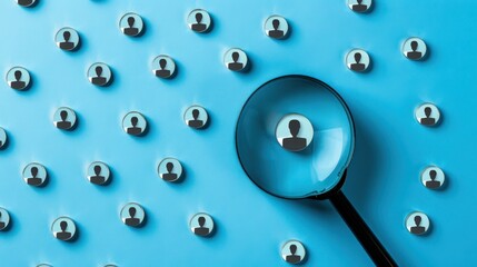 a magnifying glass searching for people on a blue background, visual concept idea of recruitment