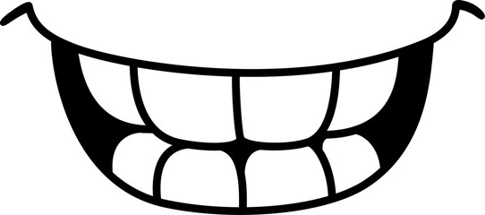 Smiling mouth showing teeth, simple doodle drawing. Simple black and white cartoon icon. Hand drawn illustration.