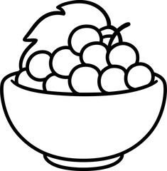 Bowl of grapes, simple cartoon drawing. Black and white fruit doodle icon. Hand drawn illustration.