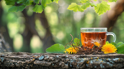 Dandelion tea on the background of nature - obrazy, fototapety, plakaty