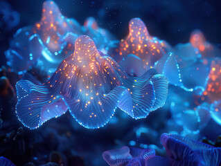 Close-ups of bioluminescent sea creatures in a deep-sea setting