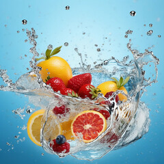 Beautiful water splash from various fruits on a beautiful white blue background 