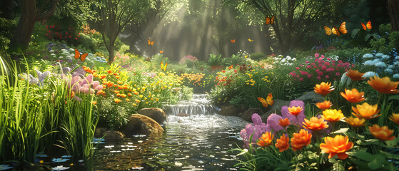 An idyllic 3D summer garden with lush flowers