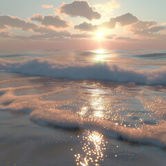 3D render of a serene beach at sunset with realistic water reflections and soft sand