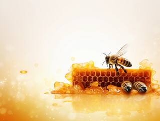 Bee sitting on a comb of fresh honey with space for text or logo 