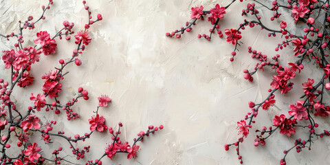Vibrant Red Flowers on White Wall Background with Copy Space for Design and Text Concept