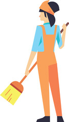 Woman with broom in professional cleaner uniform. Floor dusting