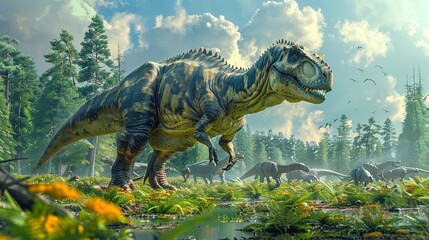 Dinosaurs in the Triassic period age in the green grass land and blue sky background, Habitat of dinosaur, history of world concept