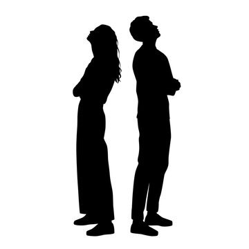Vector silhouettes of a man and a woman, a couple of business people standing in profile, looking up, black color on a white background