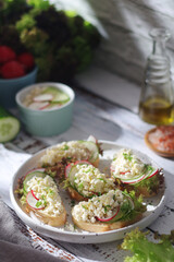 A plate with sandwiches with cottage cheese, radish and cucumber in rustic style	