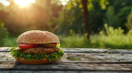 Vegan vegetarian burger diet on forest wallpaper background