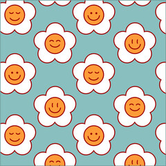 Seamless pattern groovy retro flower smileys